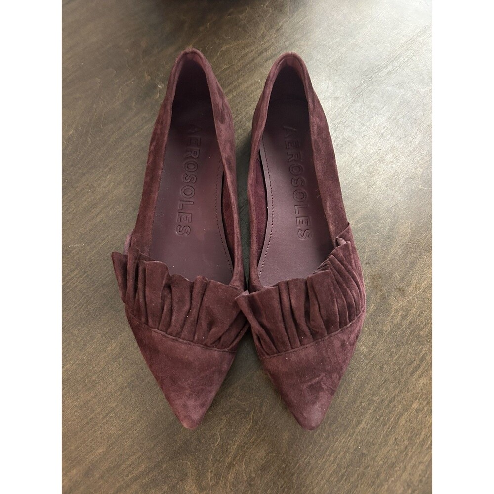 Aerosoles Women's Ruffle Suede Pointed Toe Slip-On Ballet Flats Sz 8 Burgundy